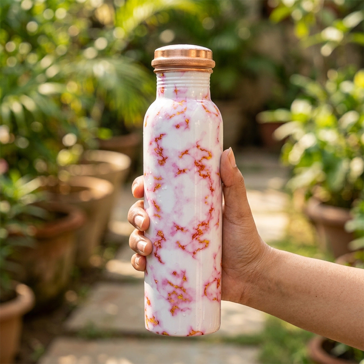 Blush Rose Marble copper bottle with leakproof cap