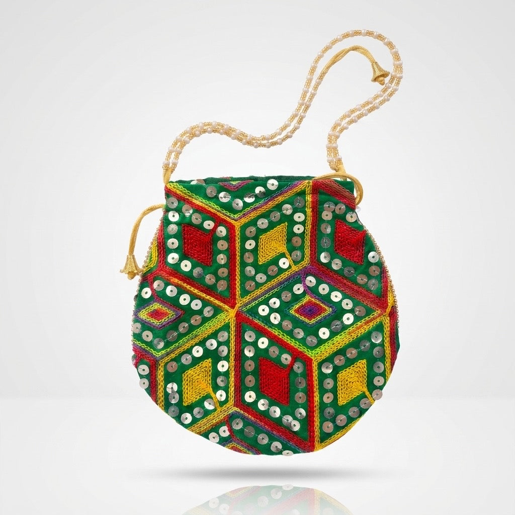 Green mirror work potli pouch drawstring closure