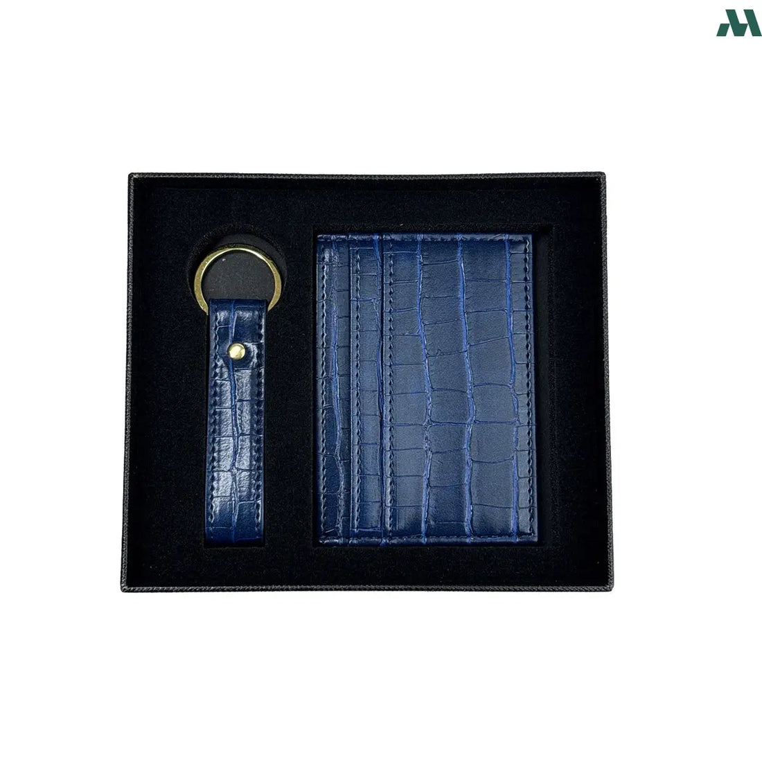 Crocodile blue leather card holder and keychain gift set