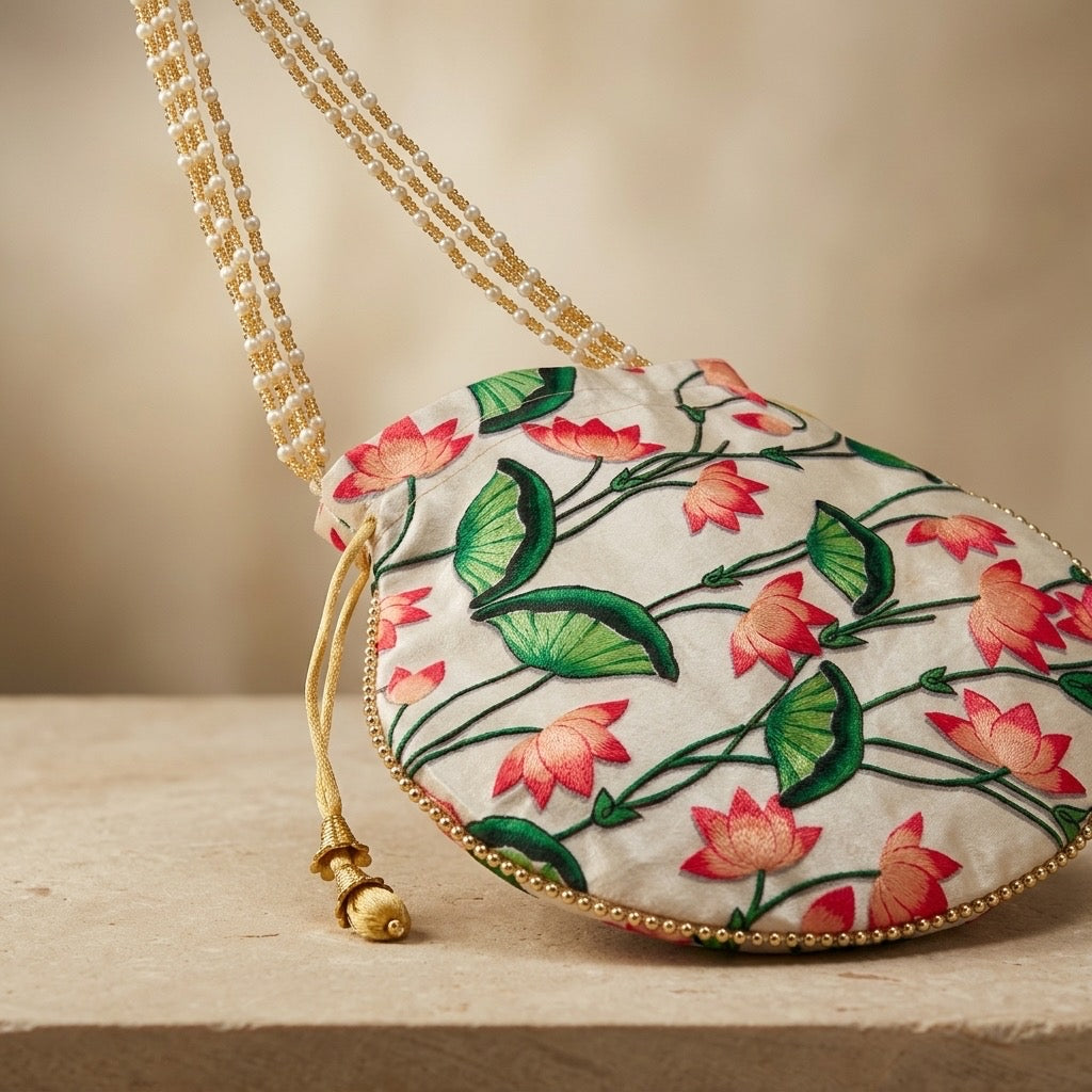 Handcrafted Indian floral potli bag beige