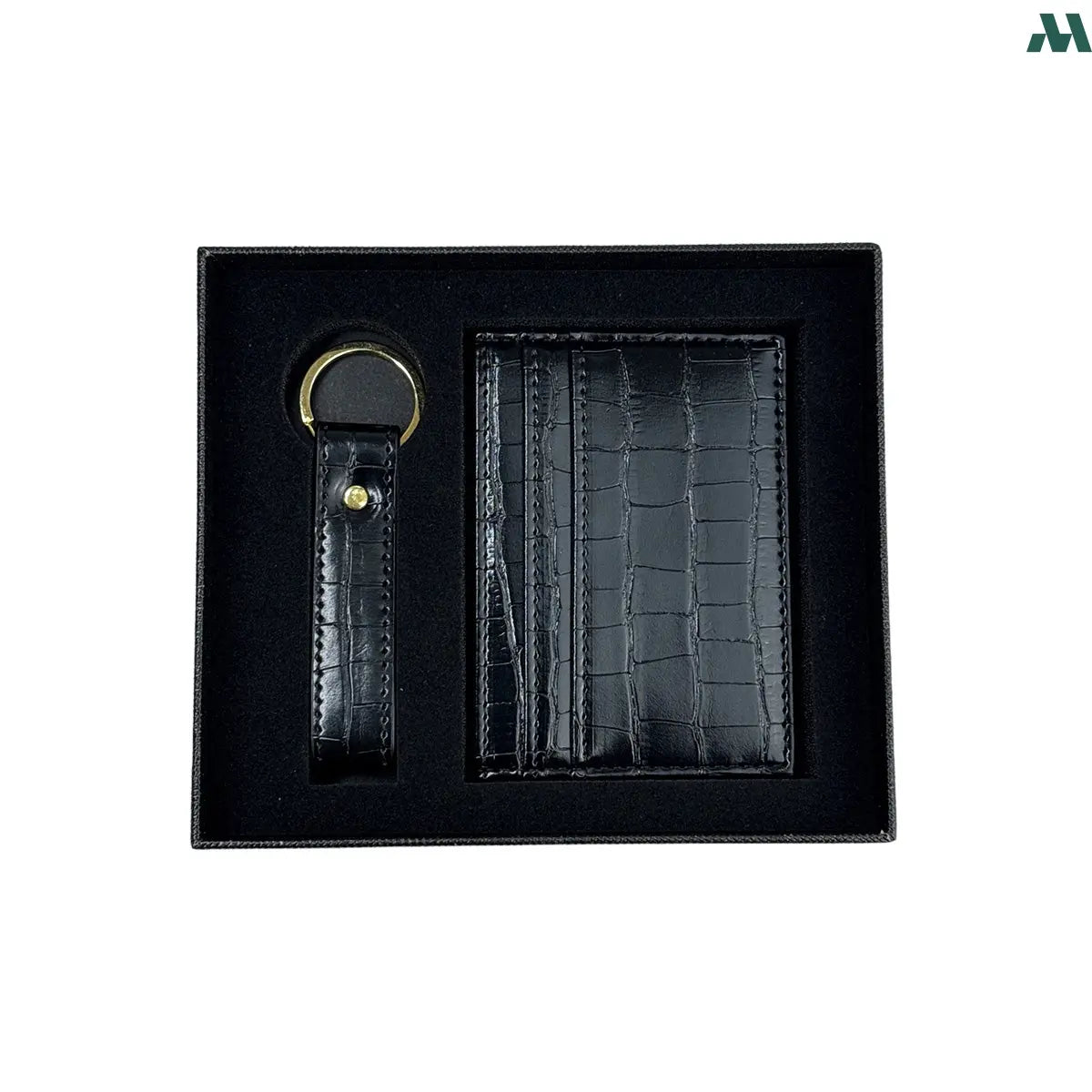 Crocodile black leather card holder and keychain gift set