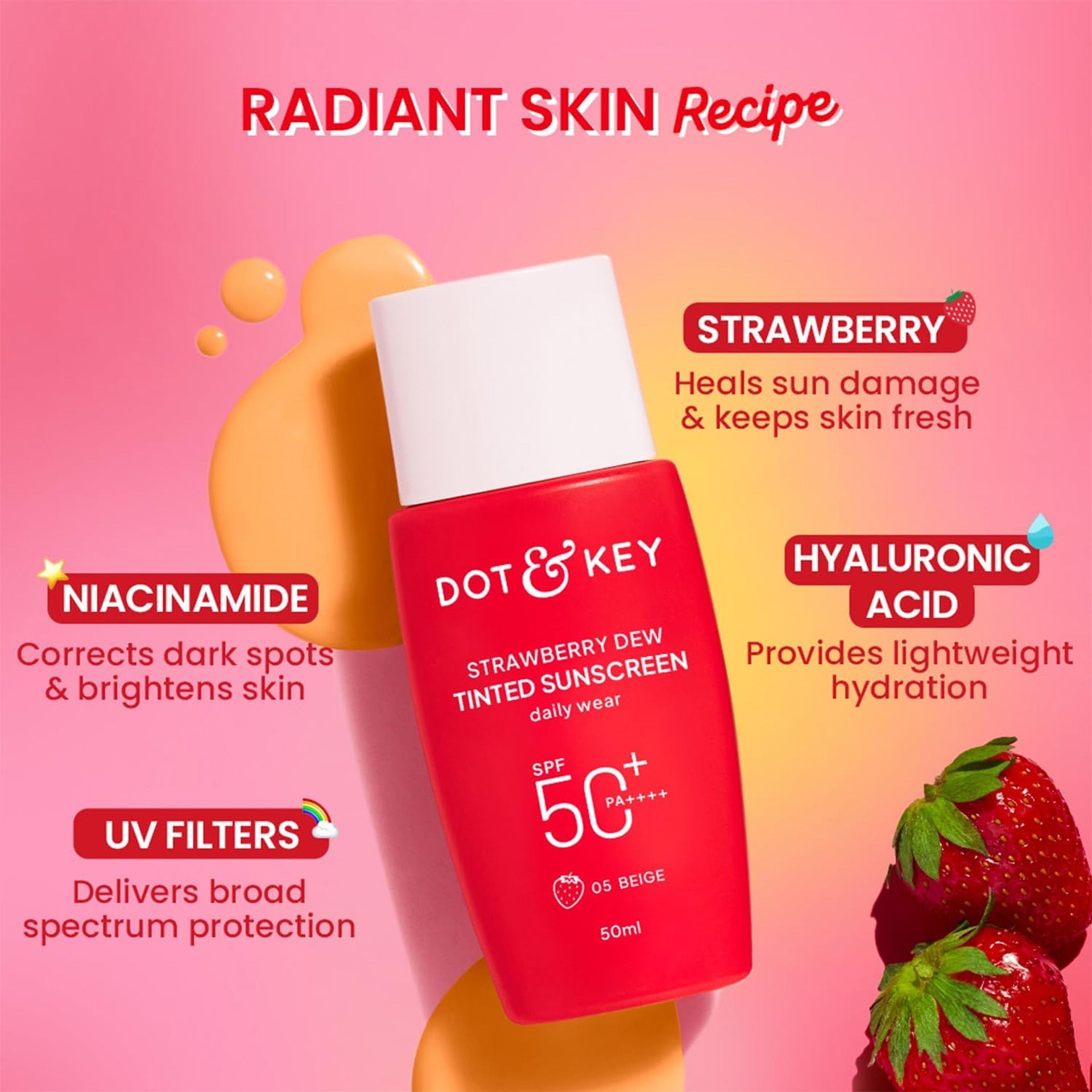Dot & Key Strawberry Dew Tinted Sunscreen SPF 50+ Pa++++ - 05 Beige | Protection Against UA/UB | Broad Spectrum, Water & Sweat resistant | For All Skin Types | 50ml DOT & KEY