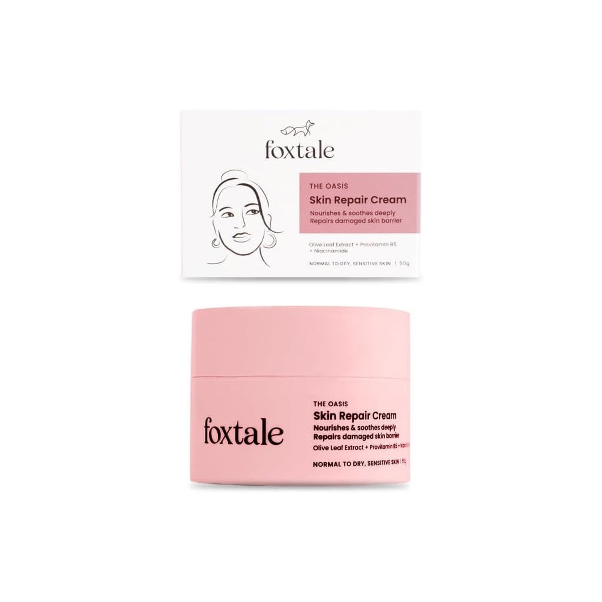 Foxtale Skin Repair Cream with Olive Leaf Extract, Provitamin B5 and Niacinamide for Dry and Sensitive Skin Types, Men & Women, 50g Foxtale
