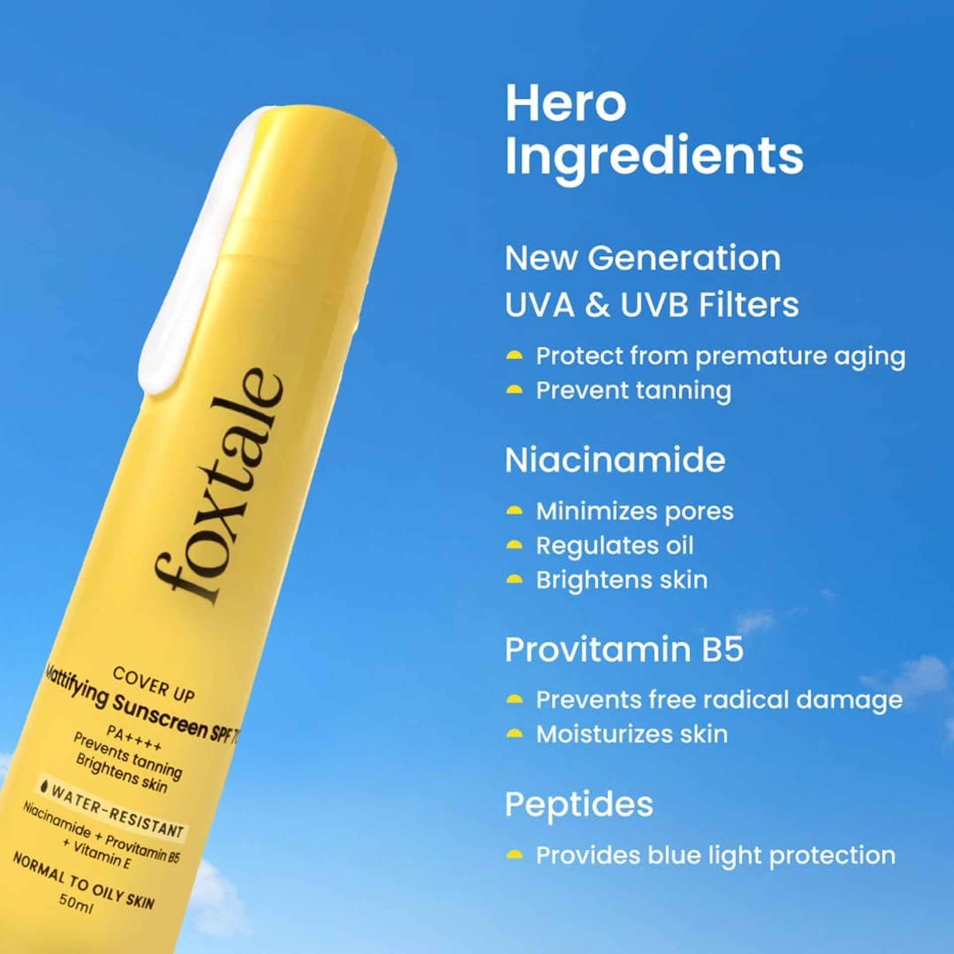 Foxtale Niacinamide Matte Sunscreen SPF 70+ PA++++ | No White Cast | Non Greasy | Prevents Tanning | UVA/UVB Protection | Lightweight | Men & Women | For Normal to Oily Skin | 50 ml Foxtale
