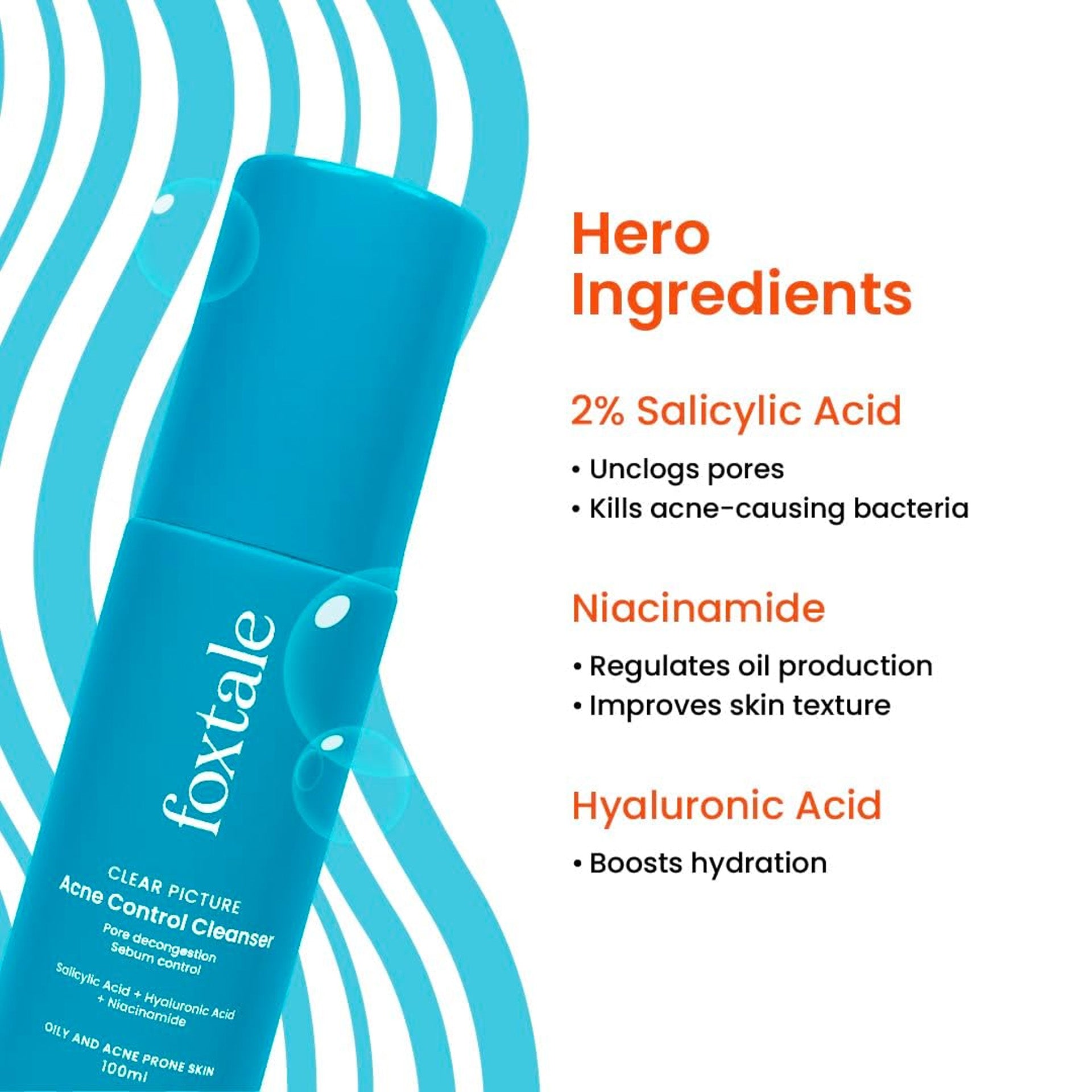 Foxtale 2% Salicylic Acid Face Wash for Oily & Acne Prone Skin, Controls Oil & Kills Acne Causing Bacteria, Acne Control Cleanser for Men & Women - 100 ml Foxtale