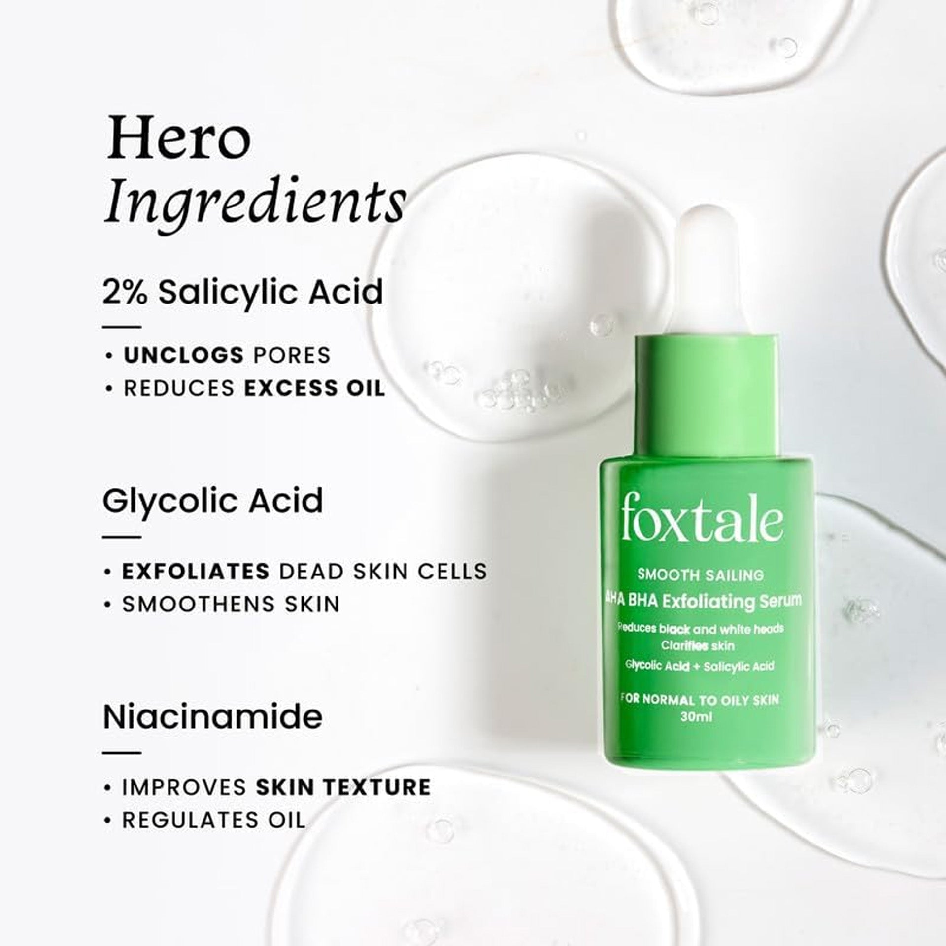 Foxtale 2% Salicylic Acid AHA BHA Exfoliating Serum with Niacinamide, Fights Acne, Reduces Blackheads & Whiteheads, Reduces Excess Oil & Bumpy Texture, For Oily, Acne Prone Skin, Men & Women, 30 ml Foxtale