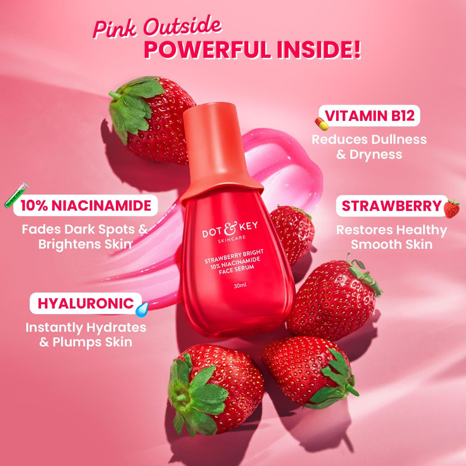 DOT & KEY 10% Niacinamide + Strawberry Face Serum with Vitamin B12 & Hyaluronic Acid Fades Dark Spots, Hyperpigmentation & Dullness Hydrates, Smooths & Minimizes Pores Bright Pink 30 ml (Pack of 1) DOT & KEY