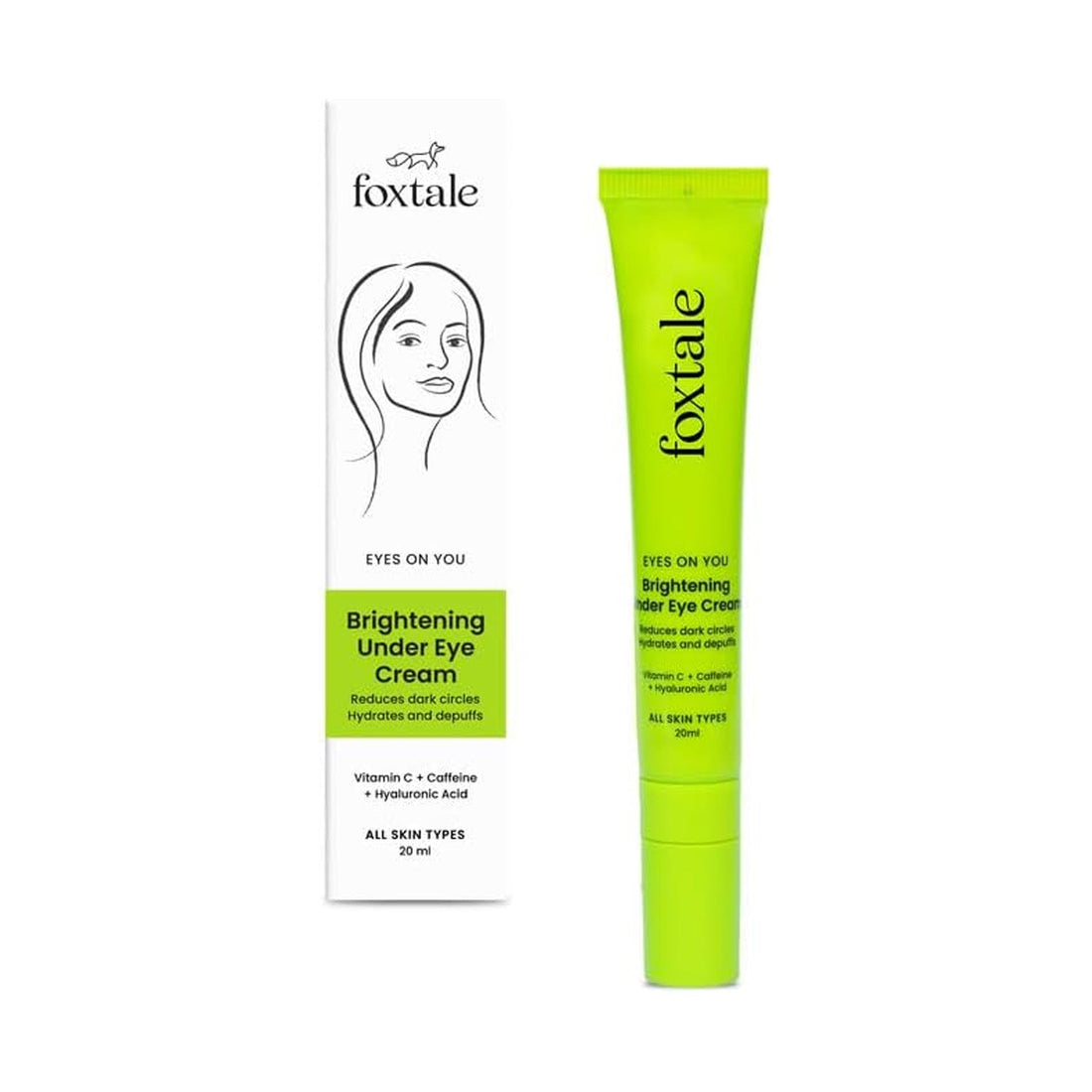 FoxTale Brightening Under Eye Cream|Vitamin C, Caffeine, And Hyaluronic Acid|Reduces Dark Circles And Puffy Eyes|Brightens Undereye With A Ceramic Tip|For All Skin Types|For Men And Women|20Ml Foxtale