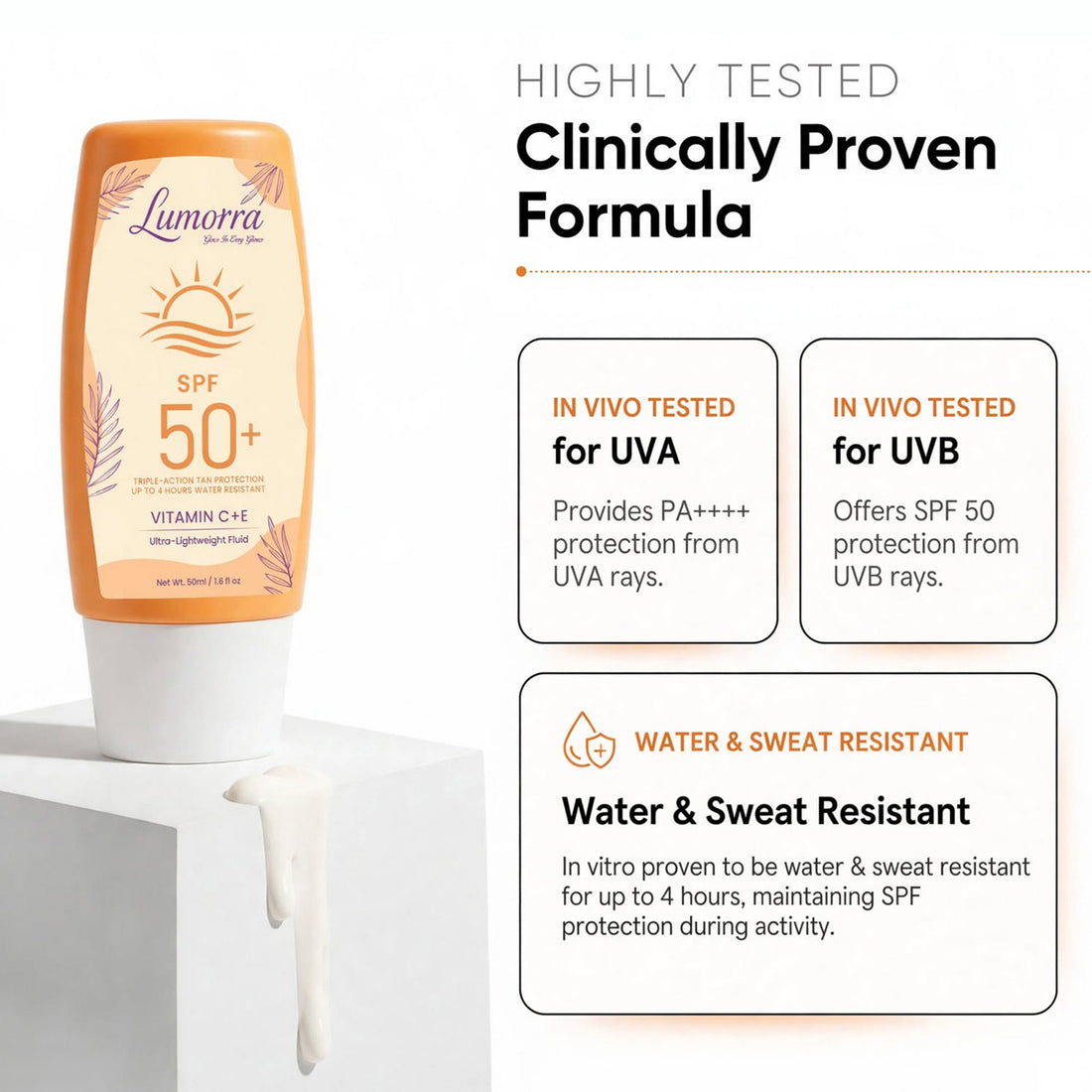 Lumorra Vitamin C+E Sunscreen SPF 50+ - Triple-Action Tan Protection - Ultra-Lightweight Fluid - 50ml