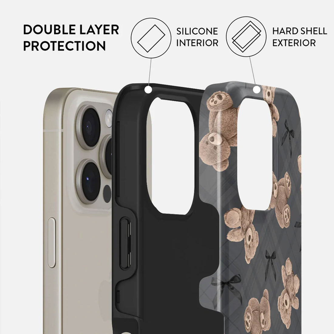 iPhone 16 Pro Max BFF Case – Teddy Bear & Chic Gray Design