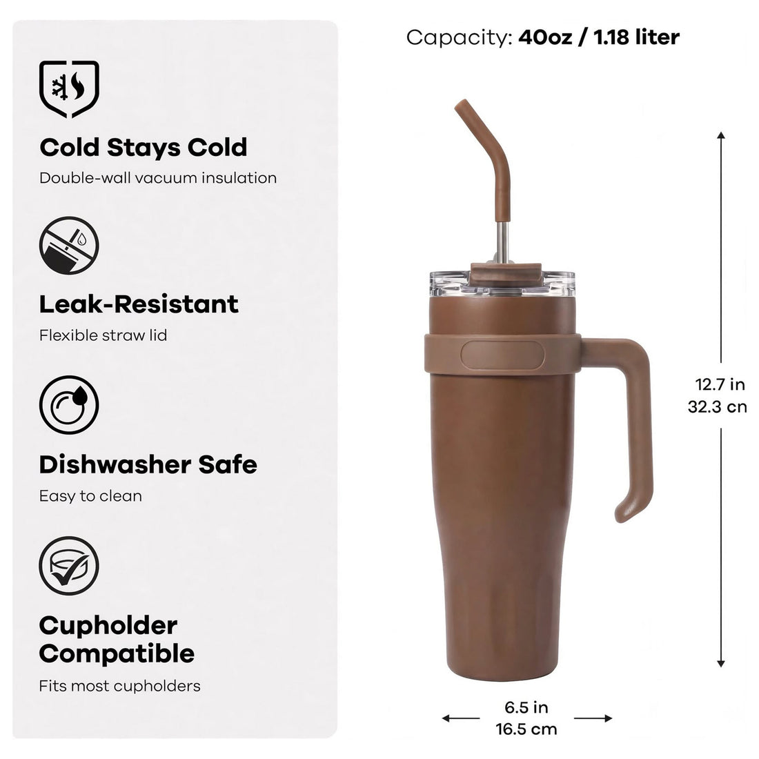 Mobcos 40oz Stainless Steel Tumbler with Handle – Leakproof, Insulated Travel Mug with Lid & Straw – Reusable Double-Wall Vacuum Cup for Hot & Cold Drinks (Brown)