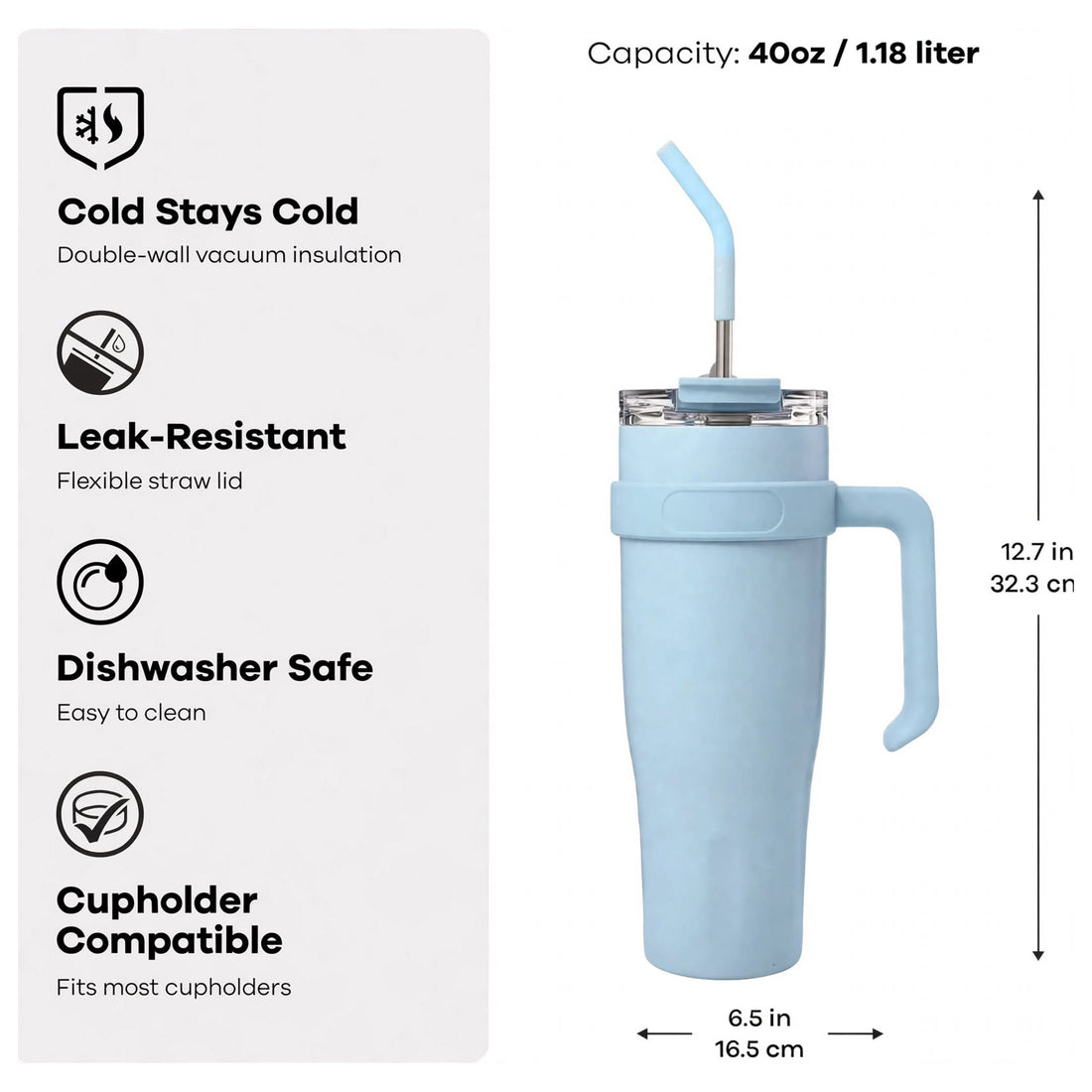Mobcos 40oz Stainless Steel Tumbler with Handle – Leakproof, Insulated Travel Mug with Lid & Straw – Reusable Double-Wall Vacuum Cup for Hot & Cold Drinks (Blue)