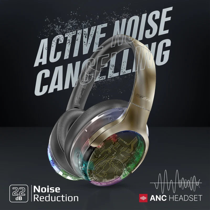 Promate Active Noise Cancelling Hi-Fi Stereo Wireless Headphones with RGB Lights (Gun Metal) Promate