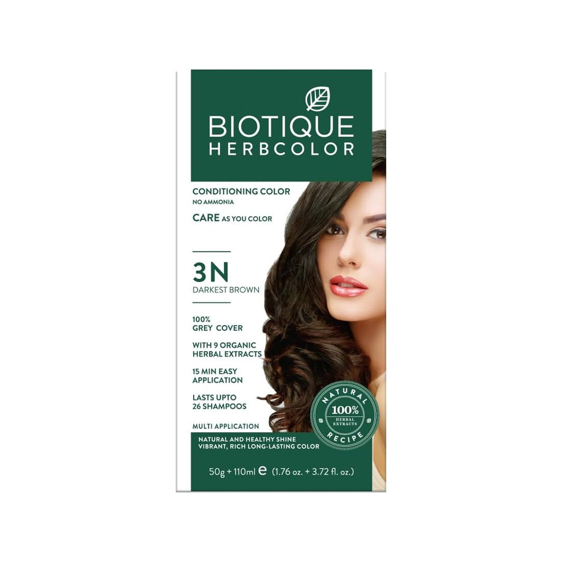Biotique Bio Herbcolor 3N Darkest Brown Hair Color, 100% Grey Cover, With 9 Organic Herbal Extracts, 50g+110ml Biotique