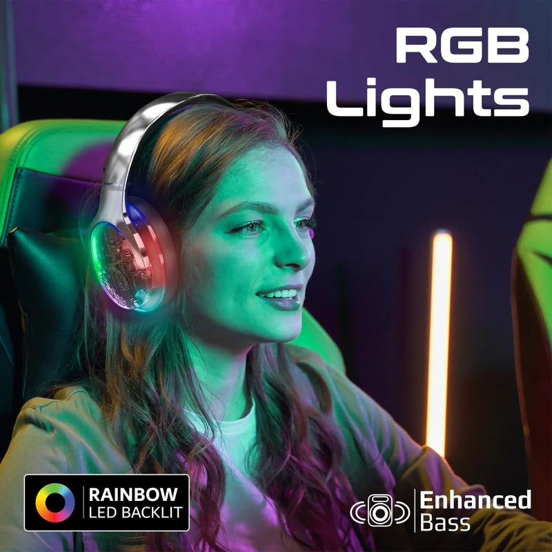 Promate Active Noise Cancelling Hi-Fi Stereo Wireless Headphones with RGB Lights (Silver) Promate
