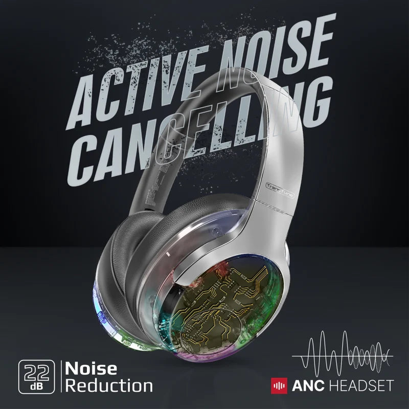 Promate Active Noise Cancelling Hi-Fi Stereo Wireless Headphones with RGB Lights (Silver) Promate