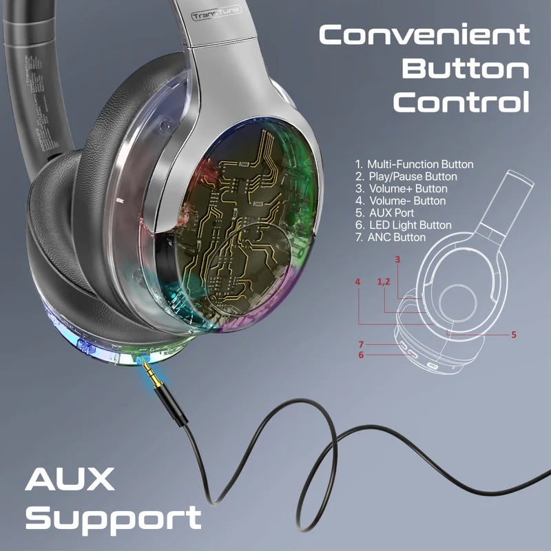 Promate Active Noise Cancelling Hi-Fi Stereo Wireless Headphones with RGB Lights (Silver) Promate