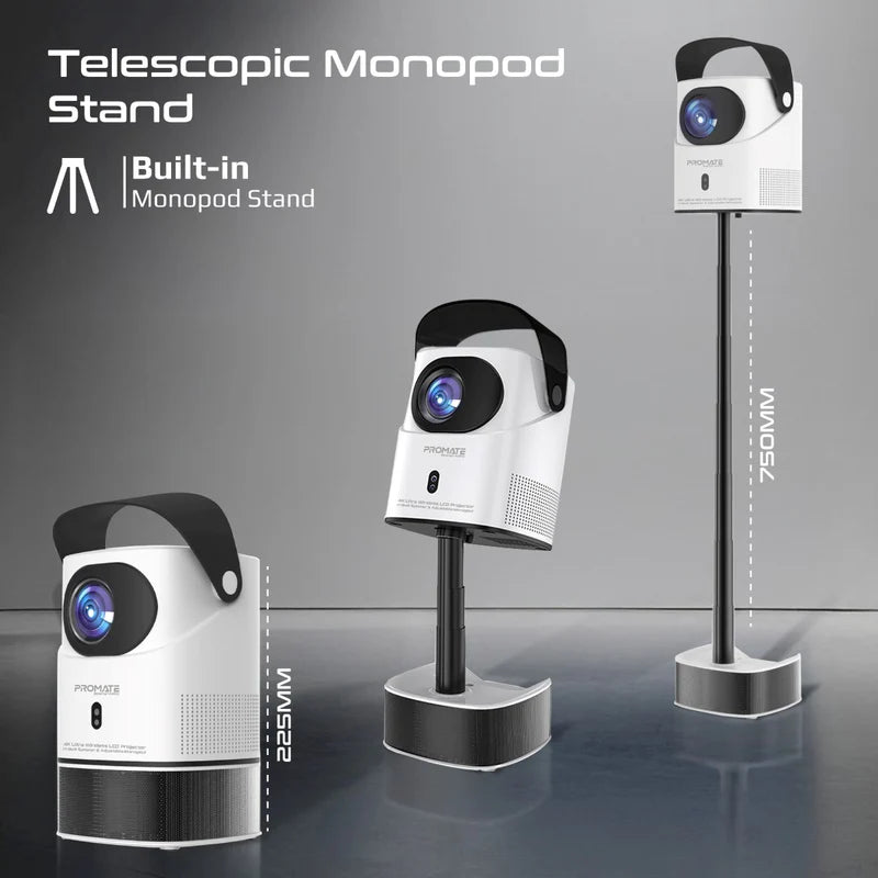 Promate 4K Ultra HD Wireless LCD Projector with Built-In Speaker & Monopod Stand Promate