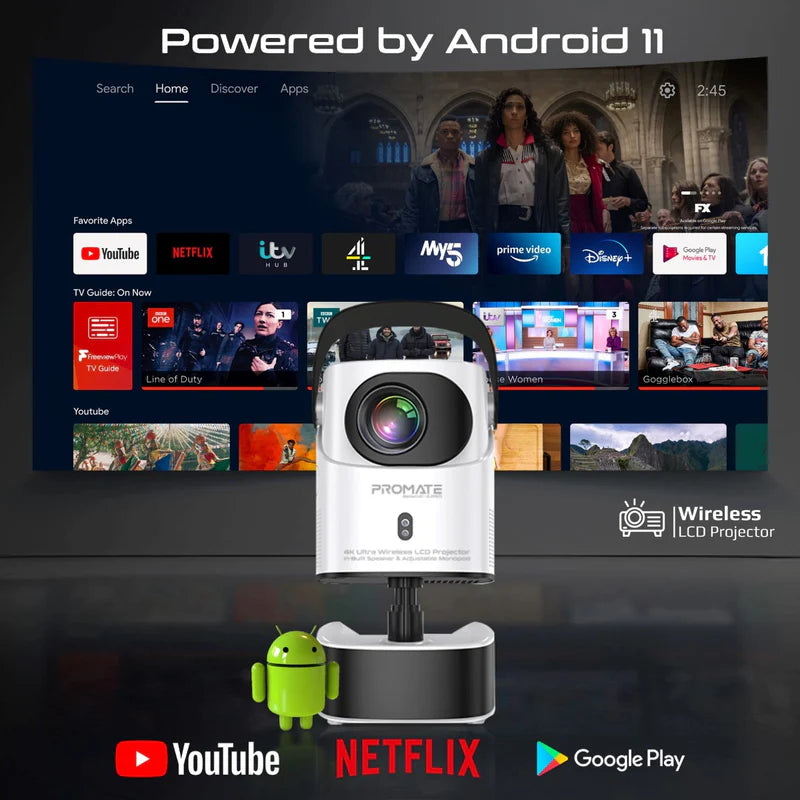 Promate 4K Ultra HD Wireless LCD Projector with Built-In Speaker & Monopod Stand Promate