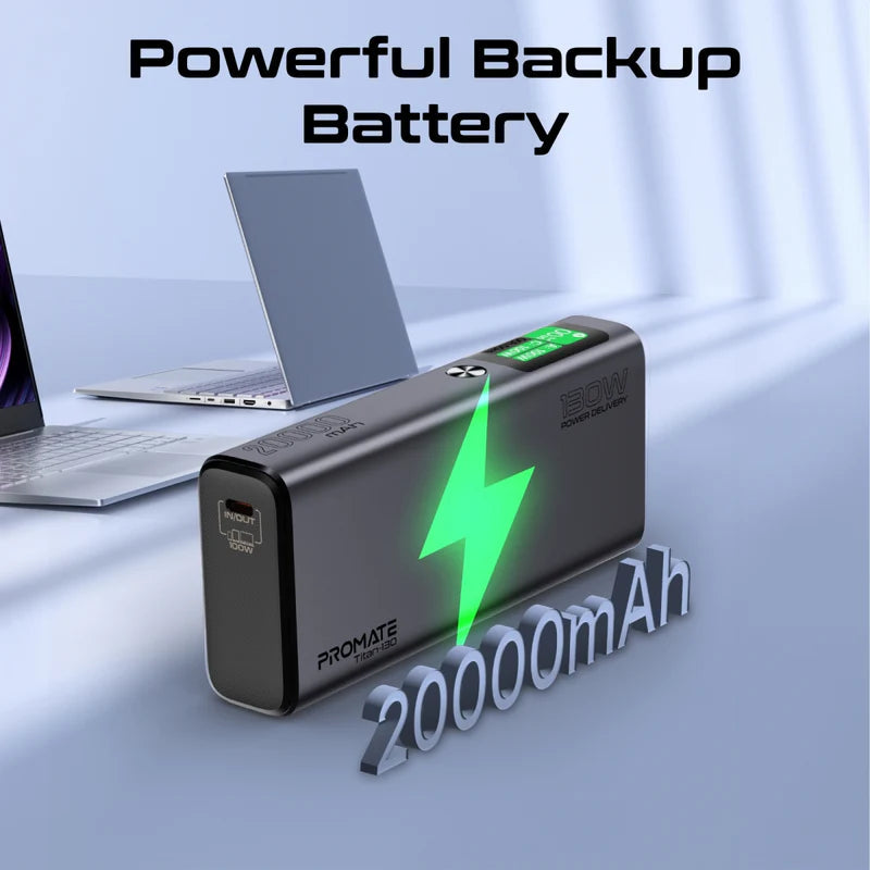 Promate Sleek 130W Multi-Port Power Delivery Power Bank with TFT LCD Screen Promate