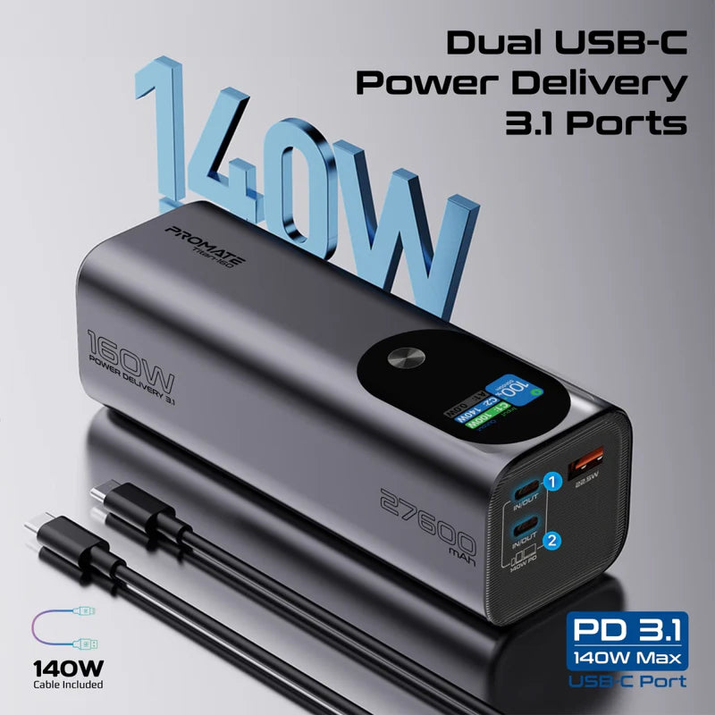 Promate Ultra-Compact 160W Multi-Port PD 3.1 Power Bank with TFT LCD Screen Promate