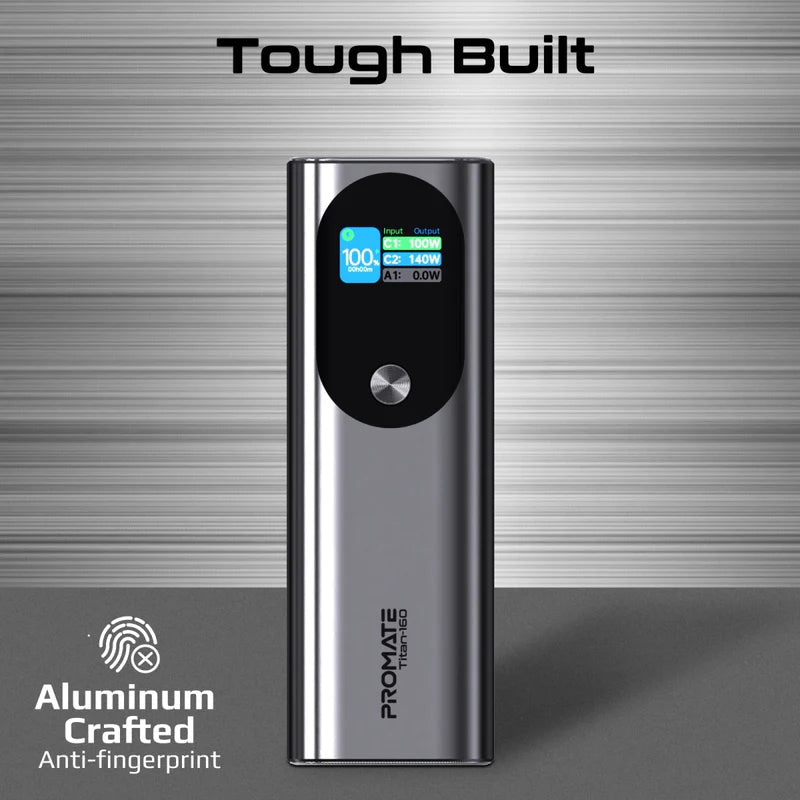 Promate Ultra-Compact 160W Multi-Port PD 3.1 Power Bank with TFT LCD Screen Promate