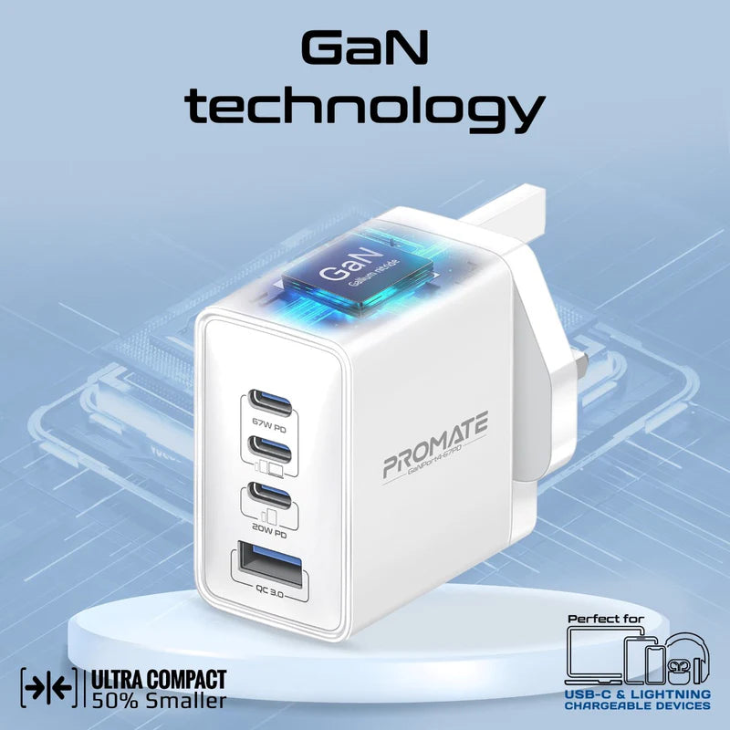 Promate 67W Power Delivery GaNFast™ Charger with Quick Charge 3.0 Promate