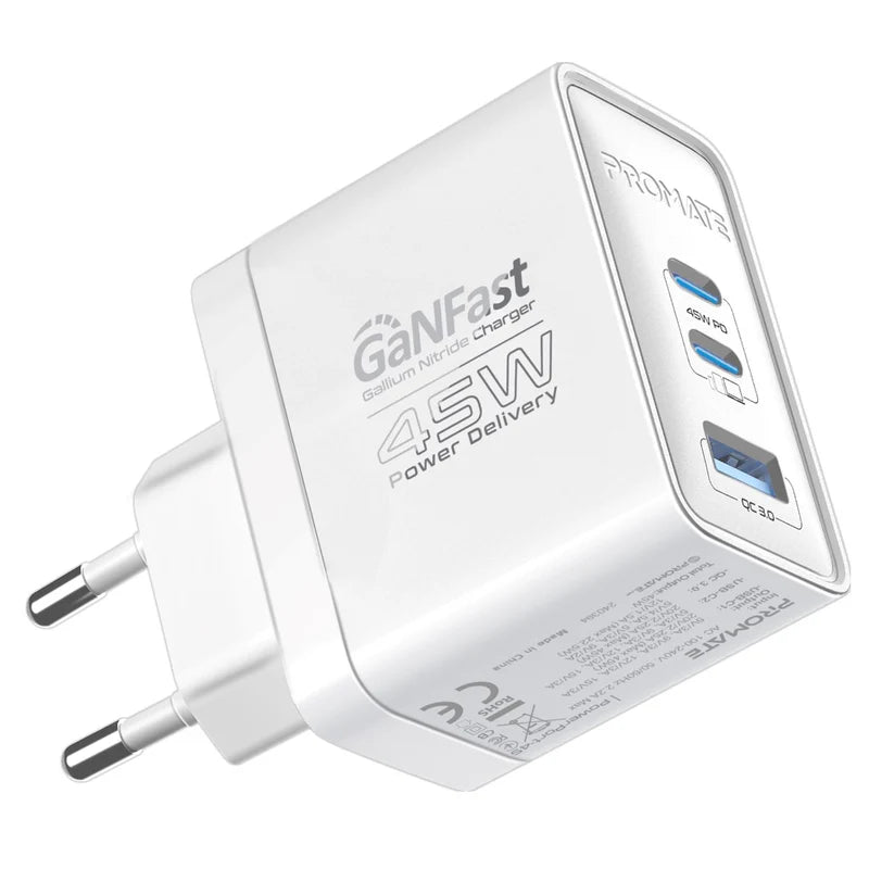 Promate 45W Power Delivery GaNFast™ Charger with Quick Charge 3.0 Promate
