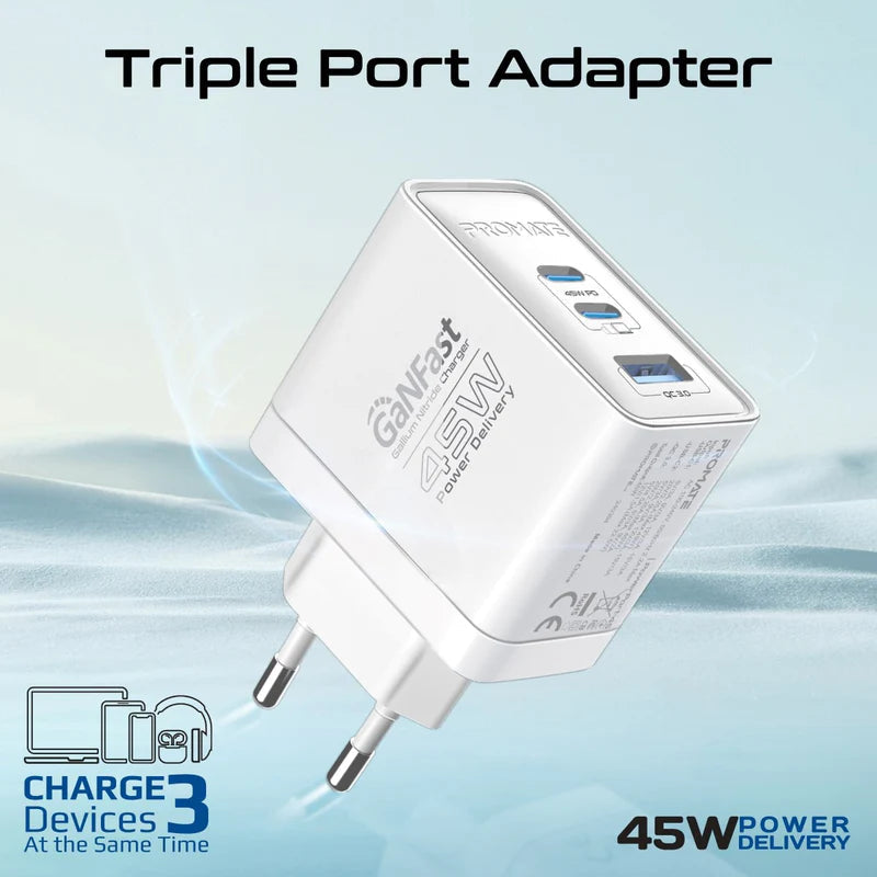 Promate 45W Power Delivery GaNFast™ Charger with Quick Charge 3.0 Promate