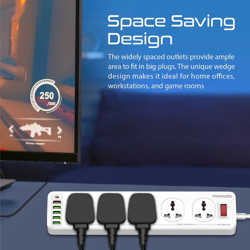 Promate 10AC Socket Space Efficient Power Strip with USB Ports Promate