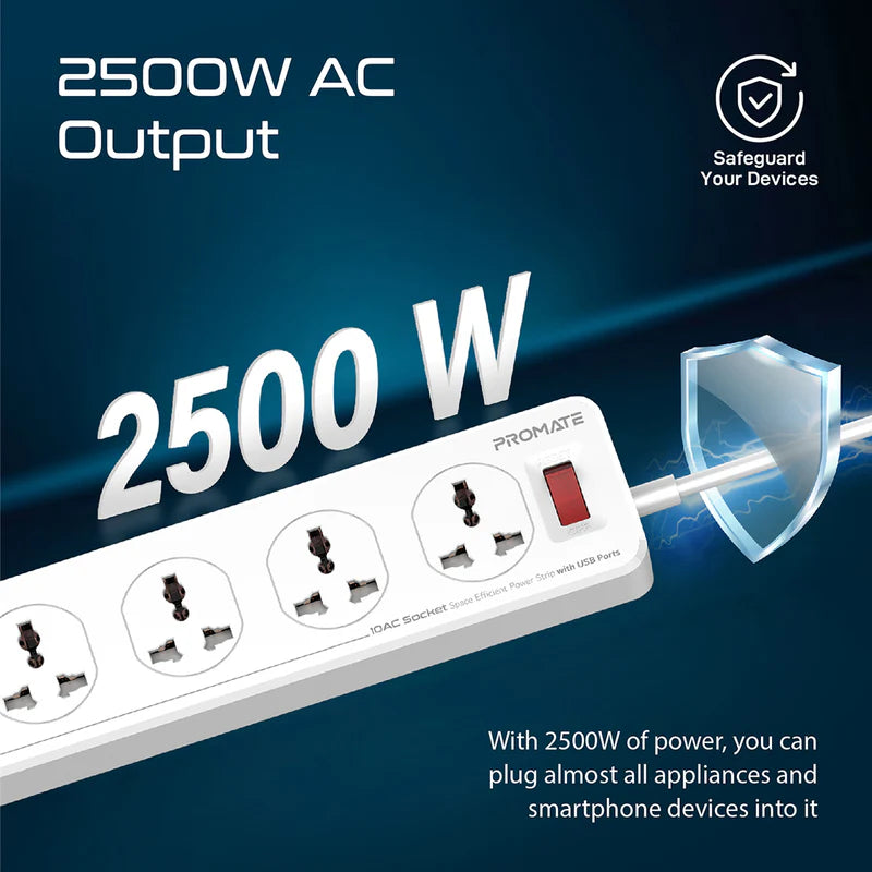 Promate 10AC Socket Space Efficient Power Strip with USB Ports Promate