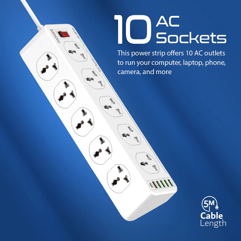 Promate 10AC Socket Space Efficient Power Strip with USB Ports Promate