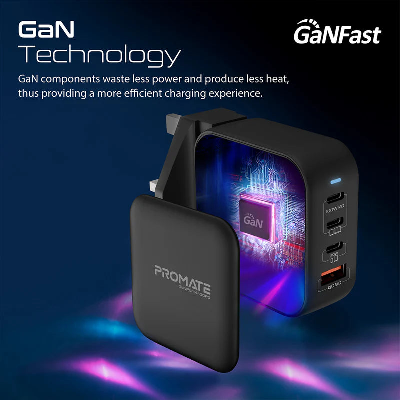 Promate 100W Power Delivery GaNFast™ Charger with Quick Charge 3.0 Promate