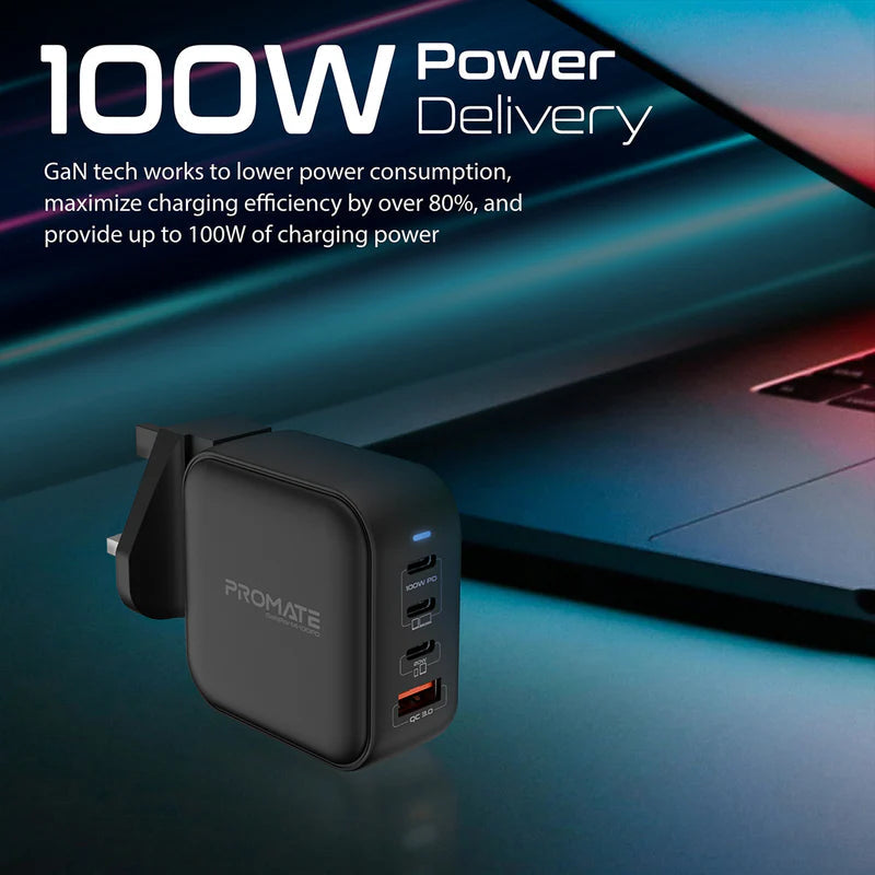 Promate 100W Power Delivery GaNFast™ Charger with Quick Charge 3.0 Promate