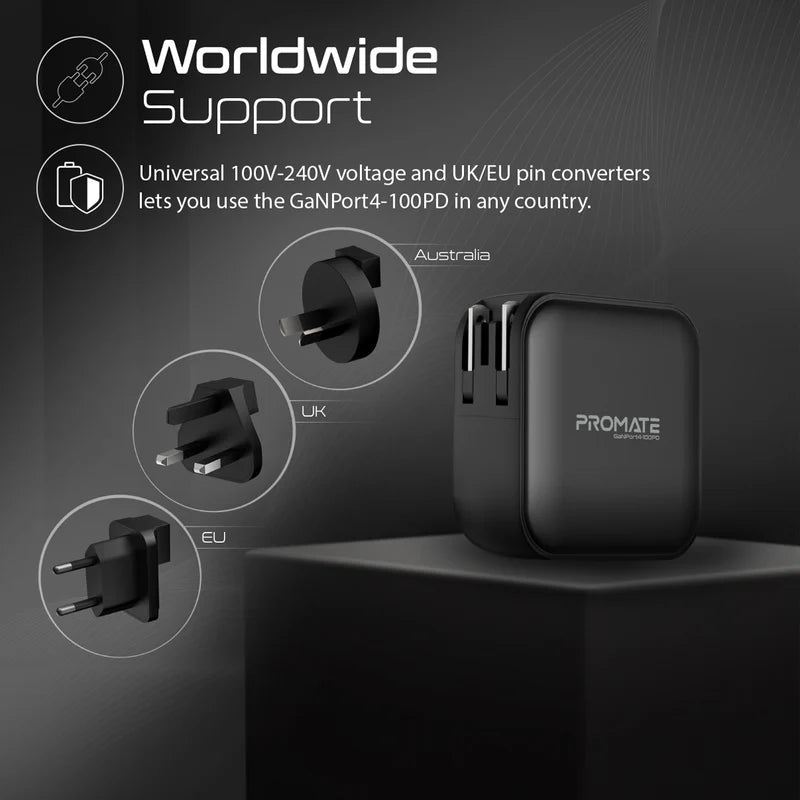 Promate 100W Power Delivery GaNFast™ Charger with Quick Charge 3.0 Promate