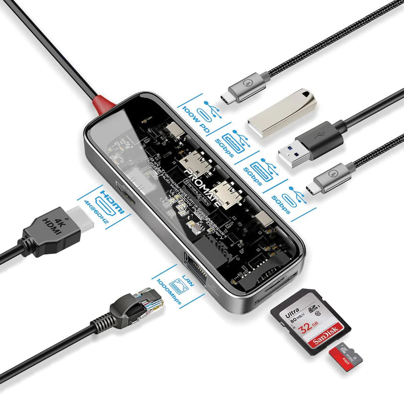 Promate 8-in 1 Transparent Ultra-Fast Multiport USB-C Hub with 100W Power Delivery Promate