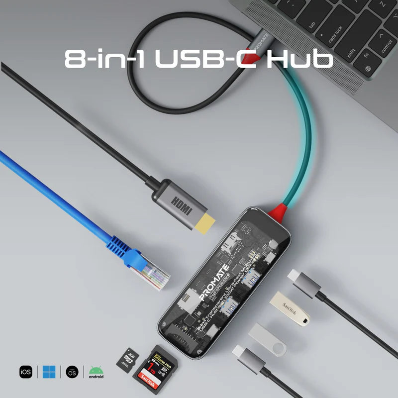 Promate 8-in 1 Transparent Ultra-Fast Multiport USB-C Hub with 100W Power Delivery Promate