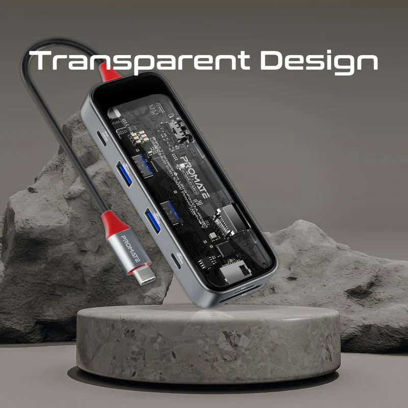 Promate 8-in 1 Transparent Ultra-Fast Multiport USB-C Hub with 100W Power Delivery Promate