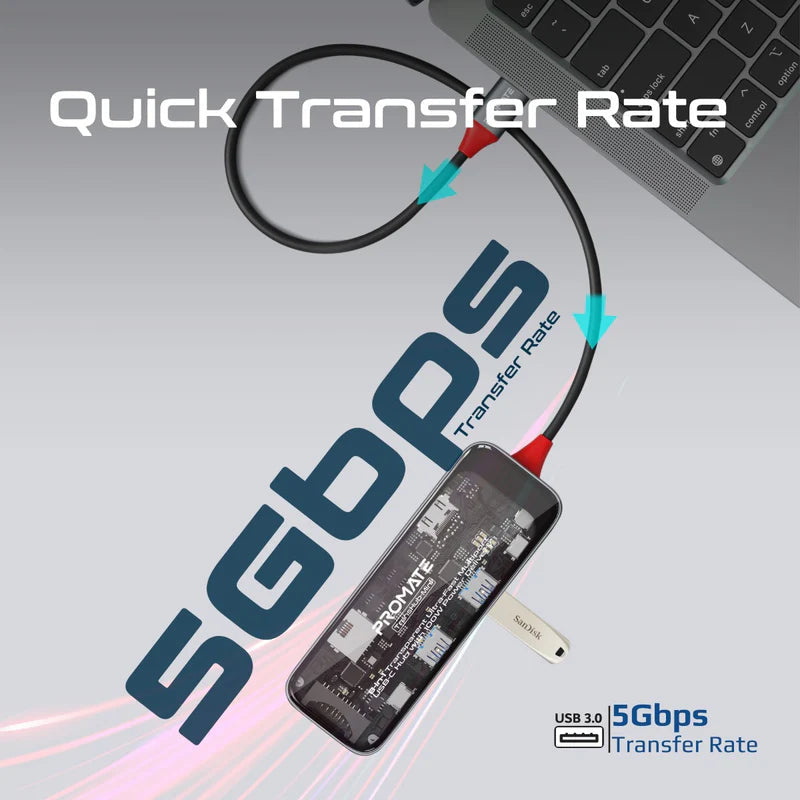 Promate 8-in 1 Transparent Ultra-Fast Multiport USB-C Hub with 100W Power Delivery Promate