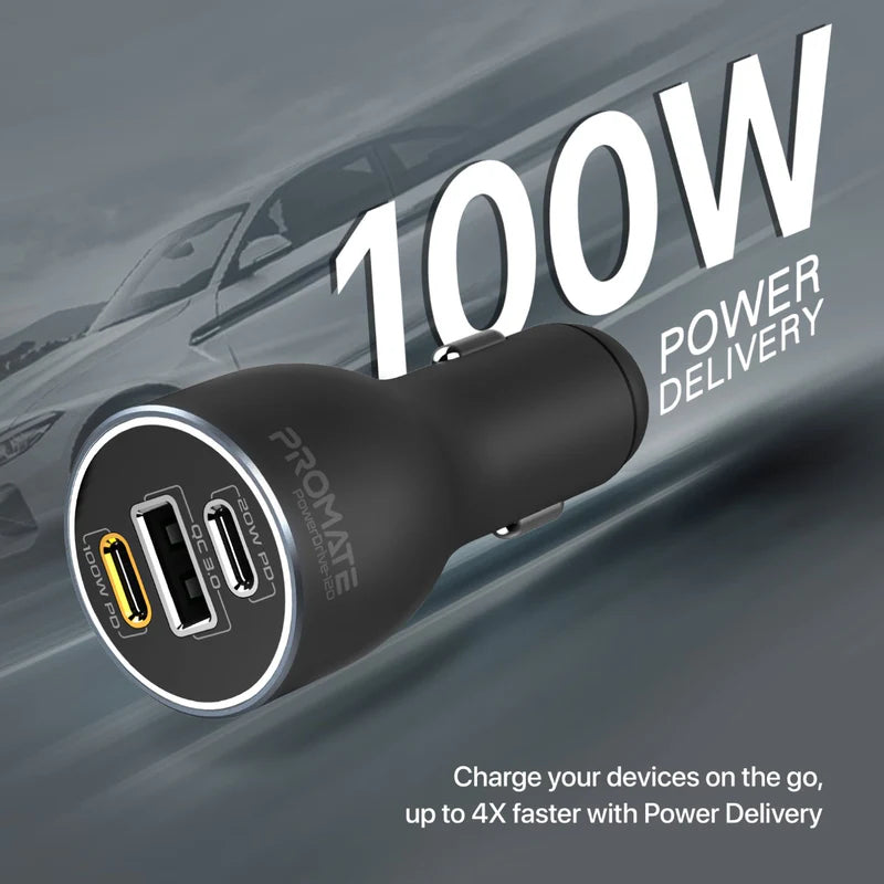 Promate 120W RapidCharge™ Car Charger with Dual Power Delivery and Quick Charge Ports Promate
