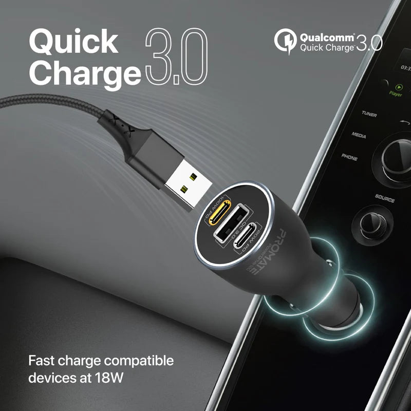 Promate 120W RapidCharge™ Car Charger with Dual Power Delivery and Quick Charge Ports Promate