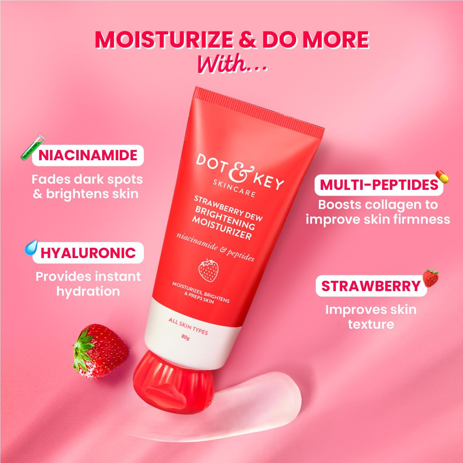 Dot & Key Strawberry Brightening Moisturizer Niacinamide, Peptides Hyaluronic Acid, Non-sticky, Brightens Skin, Intense Moisturization Non-Comedogenic Fragrance Free, Lightweight 80g DOT & KEY