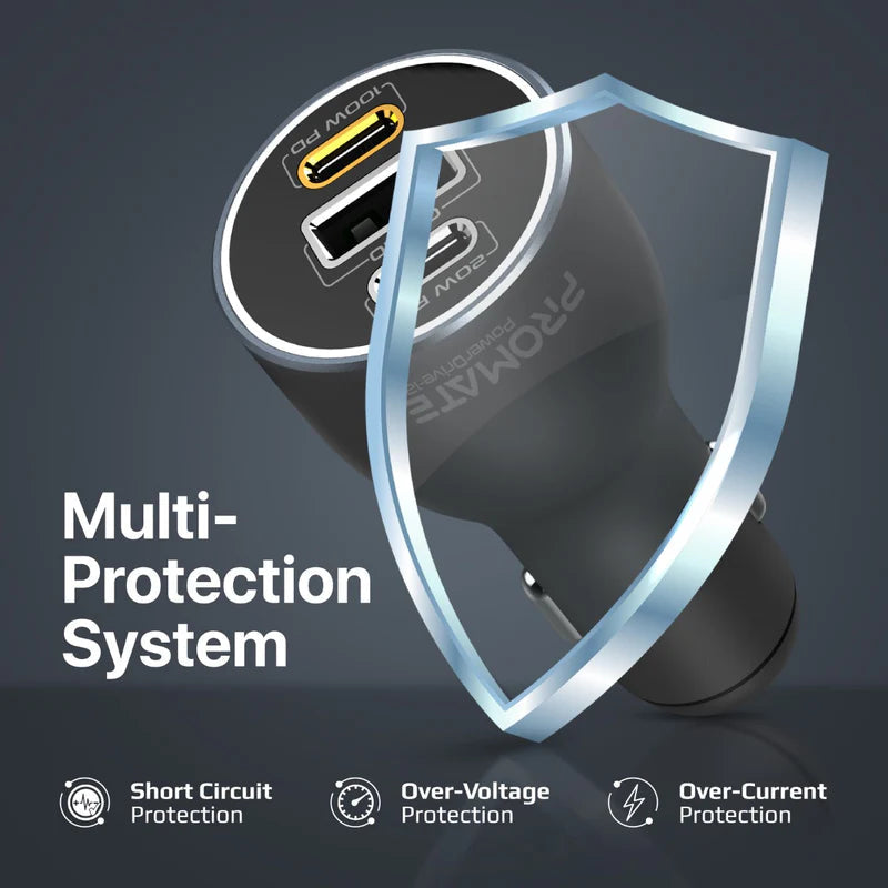 Promate 120W RapidCharge™ Car Charger with Dual Power Delivery and Quick Charge Ports Promate