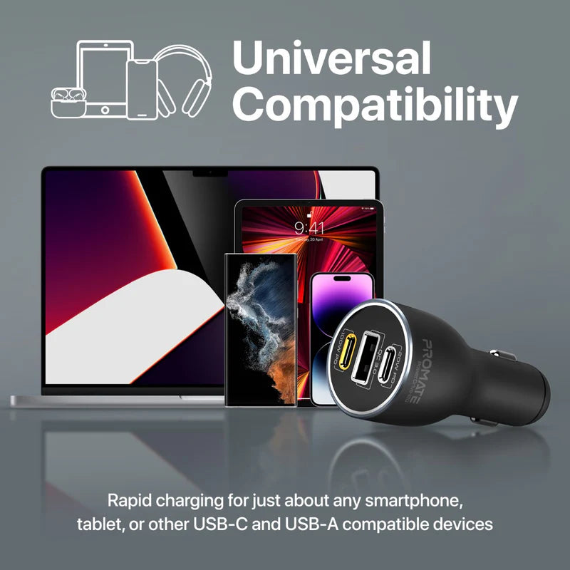 Promate 120W RapidCharge™ Car Charger with Dual Power Delivery and Quick Charge Ports Promate