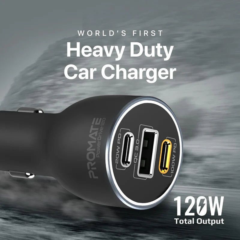 Promate 120W RapidCharge™ Car Charger with Dual Power Delivery and Quick Charge Ports Promate