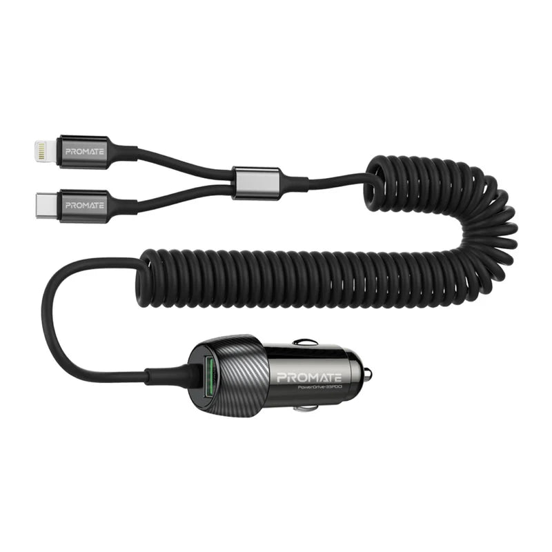 Promate 33W Car Charger with Lightning Connector & USB-C Cable Promate