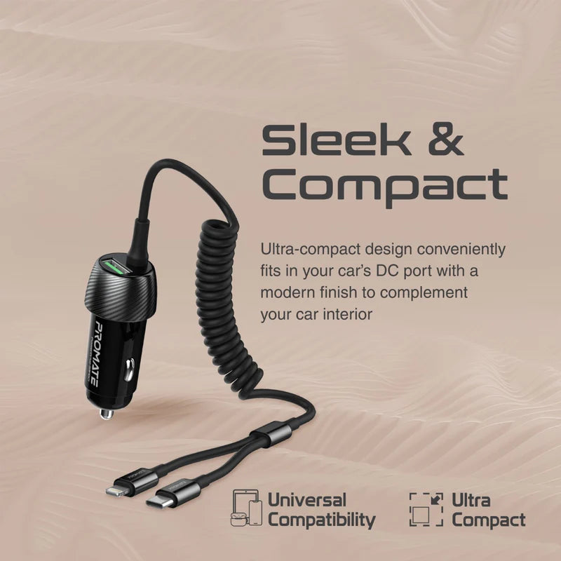 Promate 33W Car Charger with Lightning Connector & USB-C Cable Promate