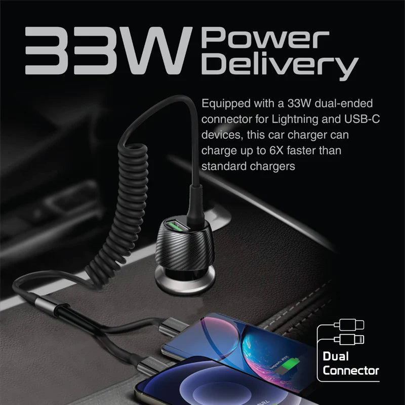 Promate 33W Car Charger with Lightning Connector & USB-C Cable Promate