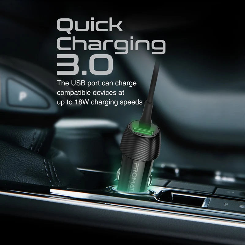 Promate 33W Car Charger with Lightning Connector & USB-C Cable Promate