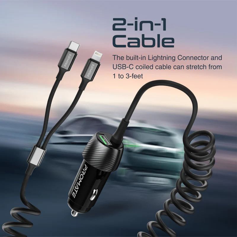 Promate 33W Car Charger with Lightning Connector & USB-C Cable Promate